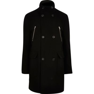 Black double breasted funnel neck coat